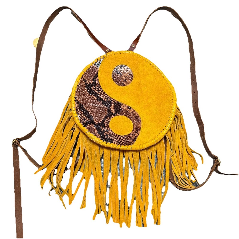 Of The Sun Leather Purse Backpack Yin Yang Fringe Leather Yellow Boho Handmade